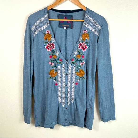 JW Los Angeles Tops - JW LOS ANGELES Blue Floral Embroidered Long Sleeve Top, size Small